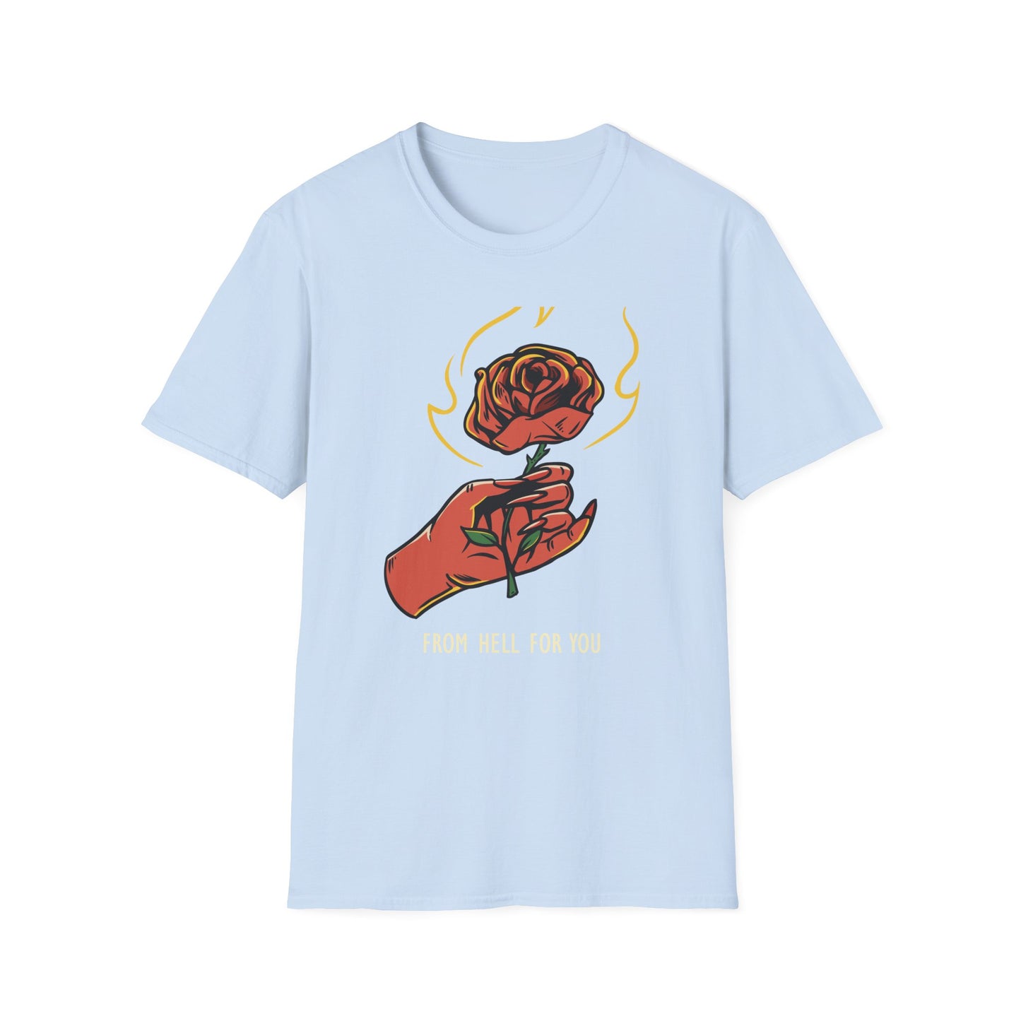 Fiery Rose from Hell T-Shirt - Iconic Dark Romantic Gothic Tee with Inferno Hand & 'FROM HELL FOR YOU' | Edgy Style