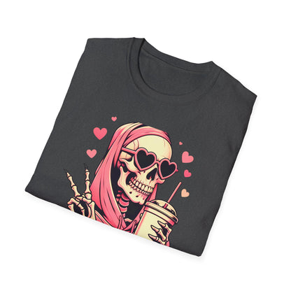 Trendy Pink Skeleton T-Shirt: Chill Vibes, Heart Sunglasses & Peace Sign Tee – Spooky Cute Aesthetic for Women & Teens