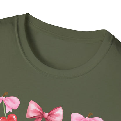 Delightful Pink Bow & Heart Cherry T-Shirt - Adorable Lovecore Aesthetic Tee for Her | Sweet Valentine's Gift