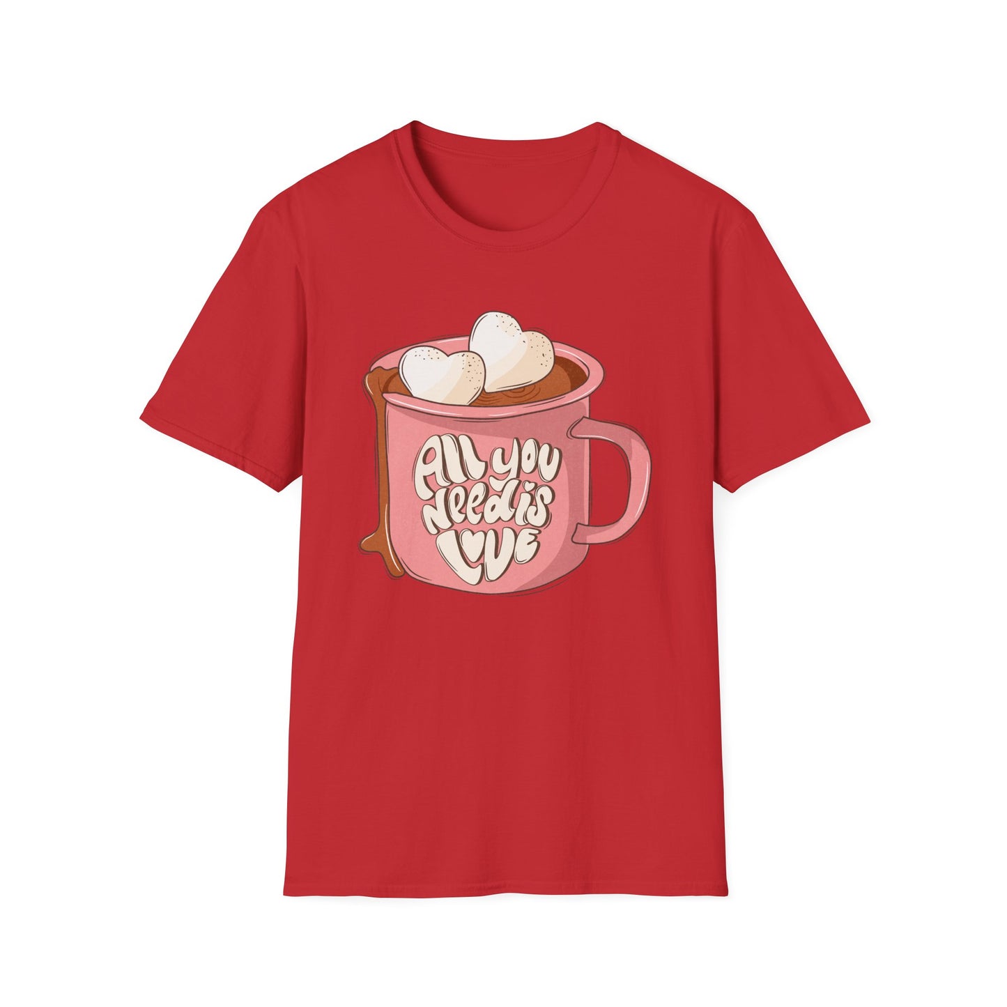 Sweet "All You Need Is Love" T-Shirt | Retro Hot Chocolate Mug with Heart Marshmallows | Adorable Valentine's Day & Cozy Love Tee