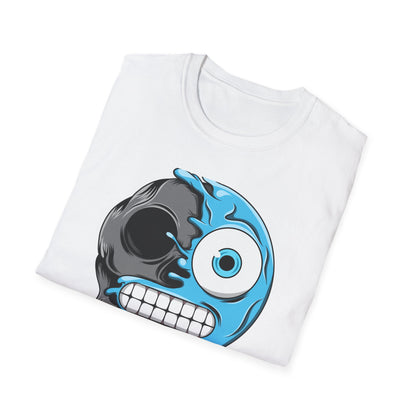 Epic Melting Skull & Blue Cartoon Split Face T-Shirt | Unique Edgy Graphic Tee for Streetwear & Art Lovers