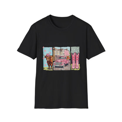 Charming Small Town Valentine T-Shirt | Cute Highland Cow, Pink Truck & Cowboy Boots | Adorable Romantic Gift for Her