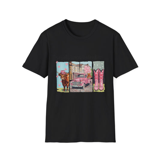 Charming Small Town Valentine T-Shirt | Cute Highland Cow, Pink Truck & Cowboy Boots | Adorable Romantic Gift for Her