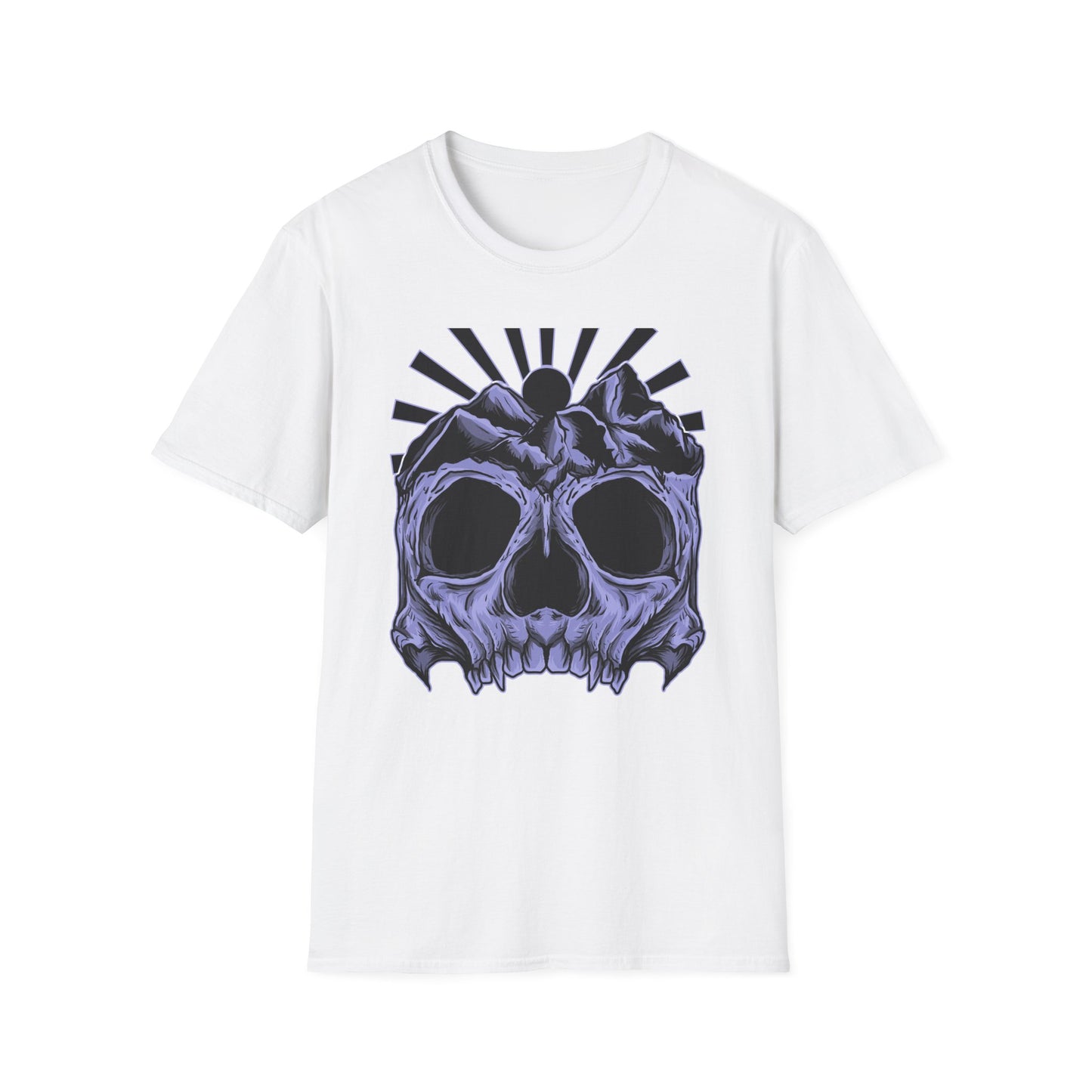 Bold Mountain Skull T-Shirt | Mystic Sun Rays & Nature Art | Unique Grunge Alternative Tee | Edgy Outdoor Apparel for Men & Women