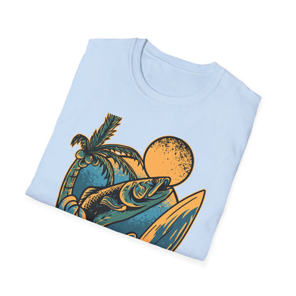 Epic Fish Jump Surf & Palm Tree T-Shirt | Vintage Ocean Lover Angler Tee | Coastal Adventure Apparel Gift