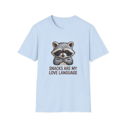 Adorable Raccoon "Snacks Are My Love Language" T-Shirt | Funny Foodie Animal Lover Tee | Ultimate Gift for Snack Enthusiasts