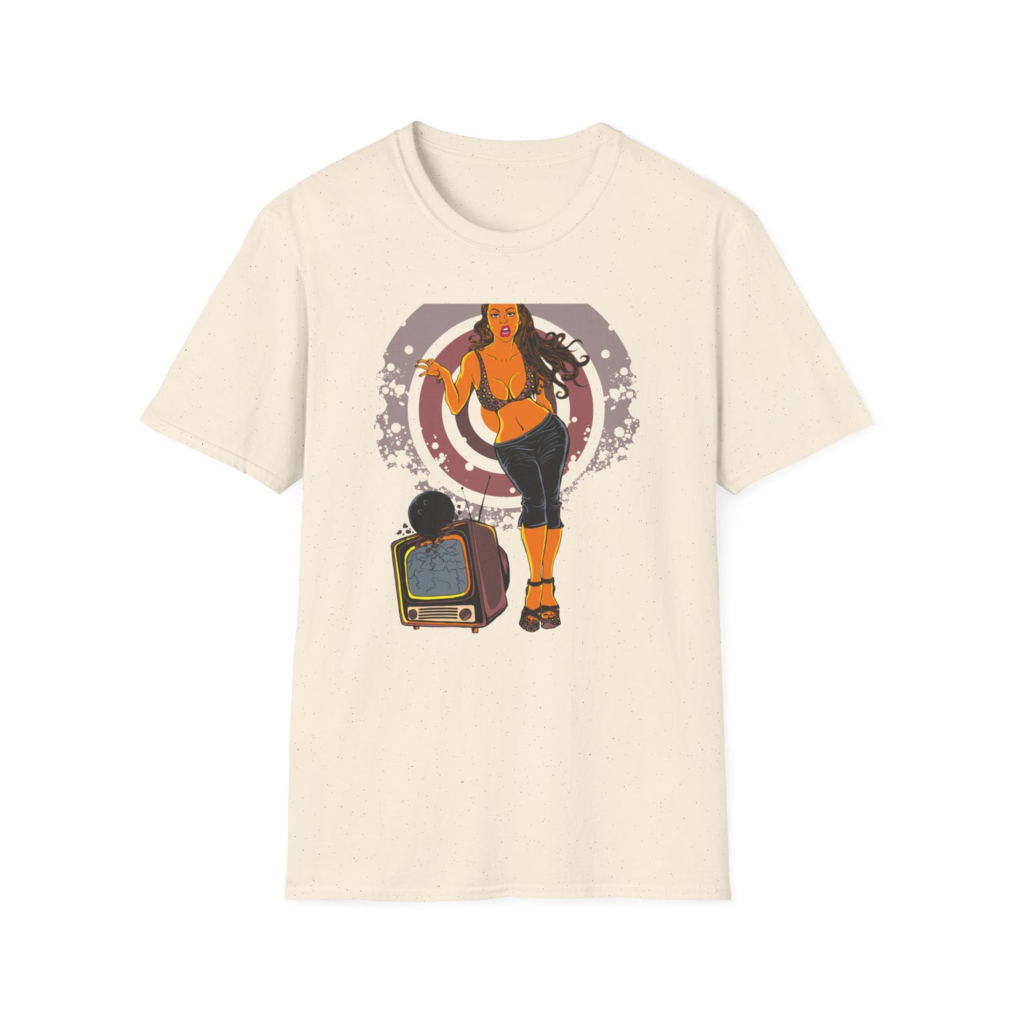 Edgy Retro Pin-Up Girl & Cracked TV Bowling T-Shirt | Bold Pop Art Vibe Women's Tee | Unique Vintage Statement Gift