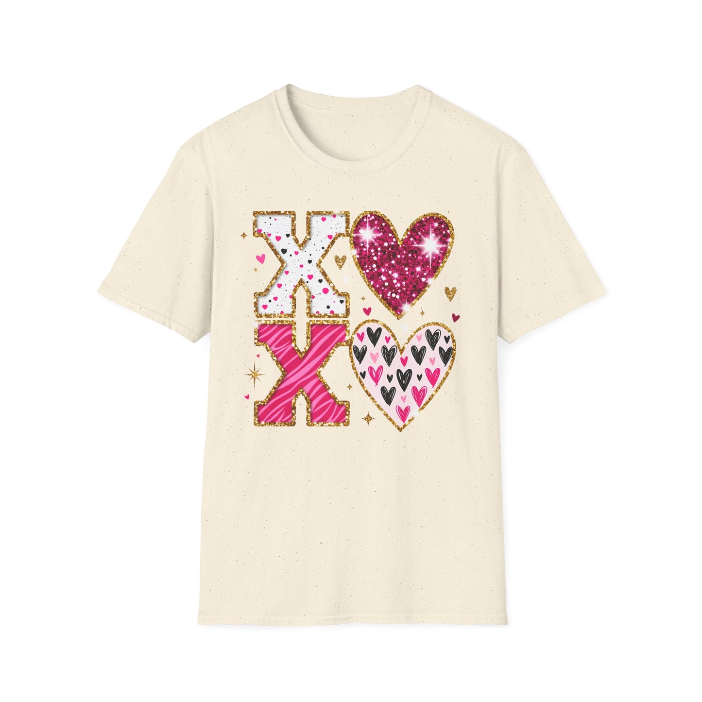 Sparkly XO Hearts T-Shirt | Adorable Pink Glitter Valentine's Day & Love Tee for Her | Hugs Kisses Style