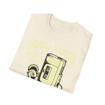 Awesome Retro 80s Music Good Vibes T-Shirt - Vintage Cassette Player & Headphones Tee | Nostalgic Portable Stereo Gift