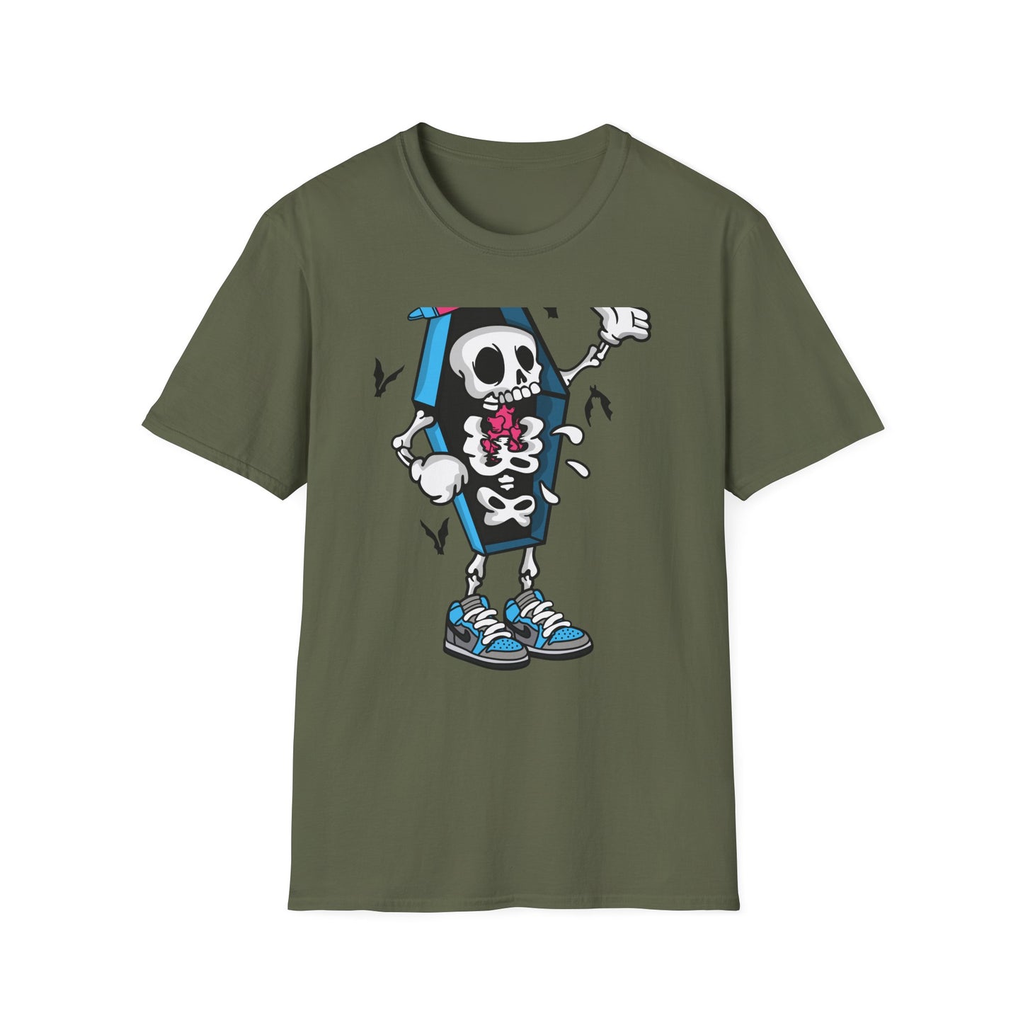 Hip Hop Skeleton Coffin Tee | Spooky Cool Streetwear T-Shirt with Sneakers & Bats | Unique Urban Style Graphic
