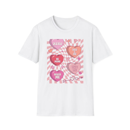 Groovy Conversation Hearts T-Shirt | Y2K Aesthetic Wavy Checkerboard Valentine's Day Tee | Adorable Retro Love Gift