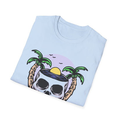 Vibrant Tropical Skull T-Shirt | Beach Sunset & Palm Tree Design | Unique Summer Vacation Tee | Cool Edgy Casual Wear