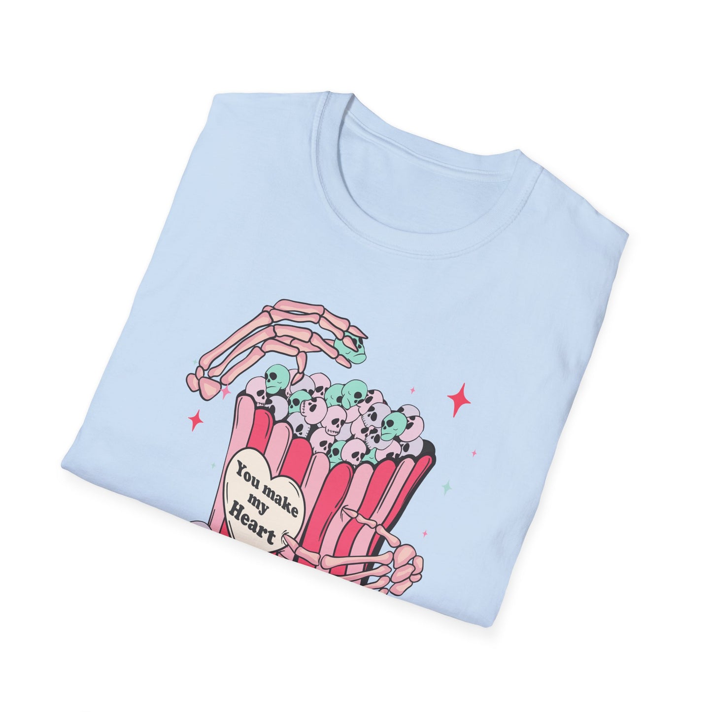 Spooky-Cute 'You Make My Heart' Skull Popcorn T-Shirt - Pastel Goth Love Tee Gift