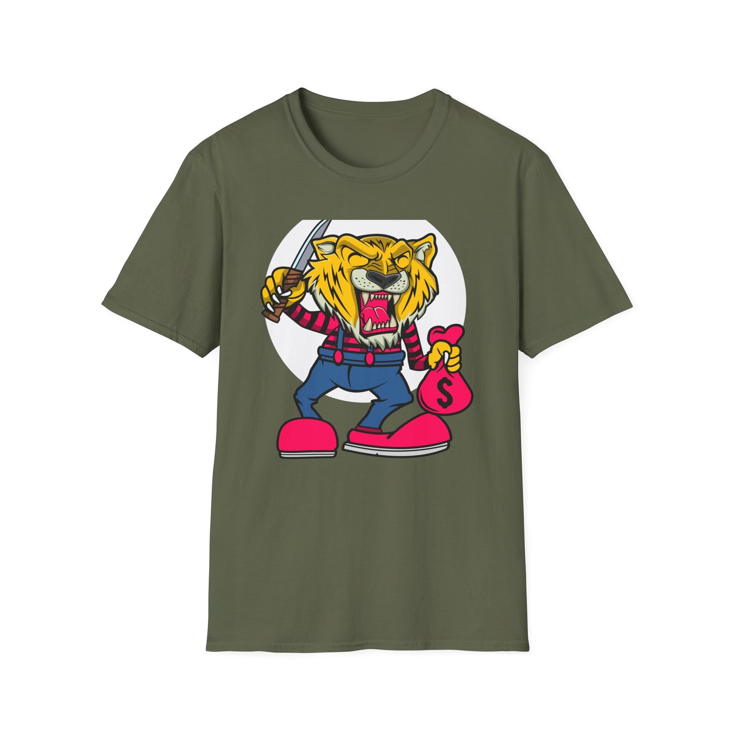 Fierce Tiger Hustler T-Shirt: Bold Roaring Gangster Streetwear Graphic Tee with Knife & Money Bag