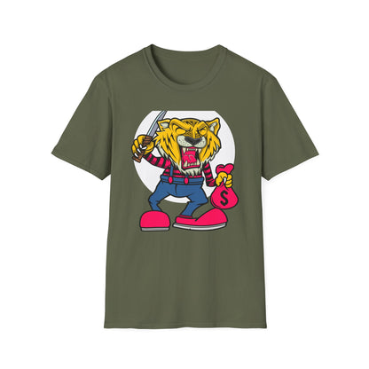 Fierce Tiger Hustler T-Shirt: Bold Roaring Gangster Streetwear Graphic Tee with Knife & Money Bag