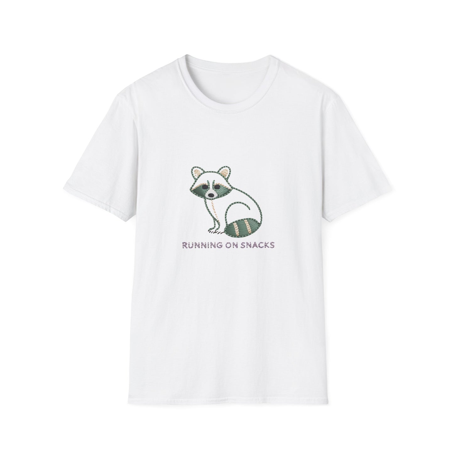 Hilarious 'Running on Snacks' Raccoon T-Shirt - Cozy Embroidered Style Animal Lover Tee, Perfect Gift!