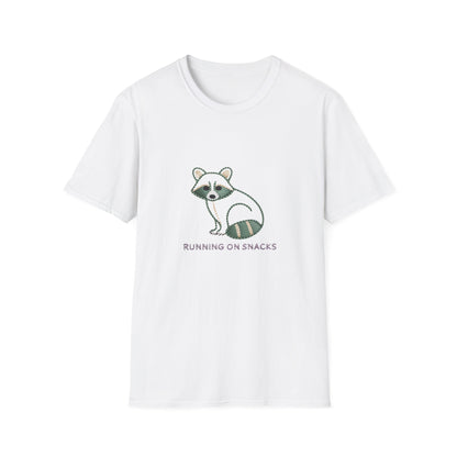 Hilarious 'Running on Snacks' Raccoon T-Shirt - Cozy Embroidered Style Animal Lover Tee, Perfect Gift!