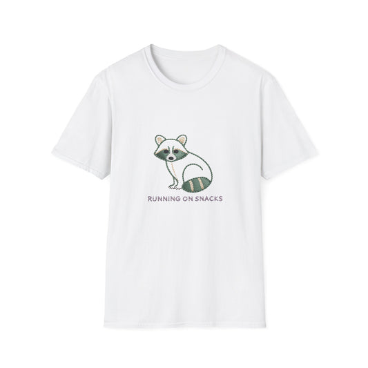 Hilarious 'Running on Snacks' Raccoon T-Shirt - Cozy Embroidered Style Animal Lover Tee, Perfect Gift!