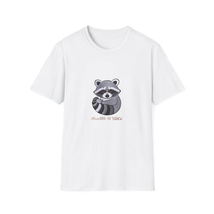 Adorable 'Powered By Snack' Raccoon T-Shirt - Hilarious Animal Lover Tee for Cozy Comfort & Snack Enthusiasts. Must-Have Gift!