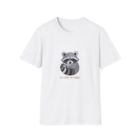 Adorable 'Powered By Snack' Raccoon T-Shirt - Hilarious Animal Lover Tee for Cozy Comfort & Snack Enthusiasts. Must-Have Gift!