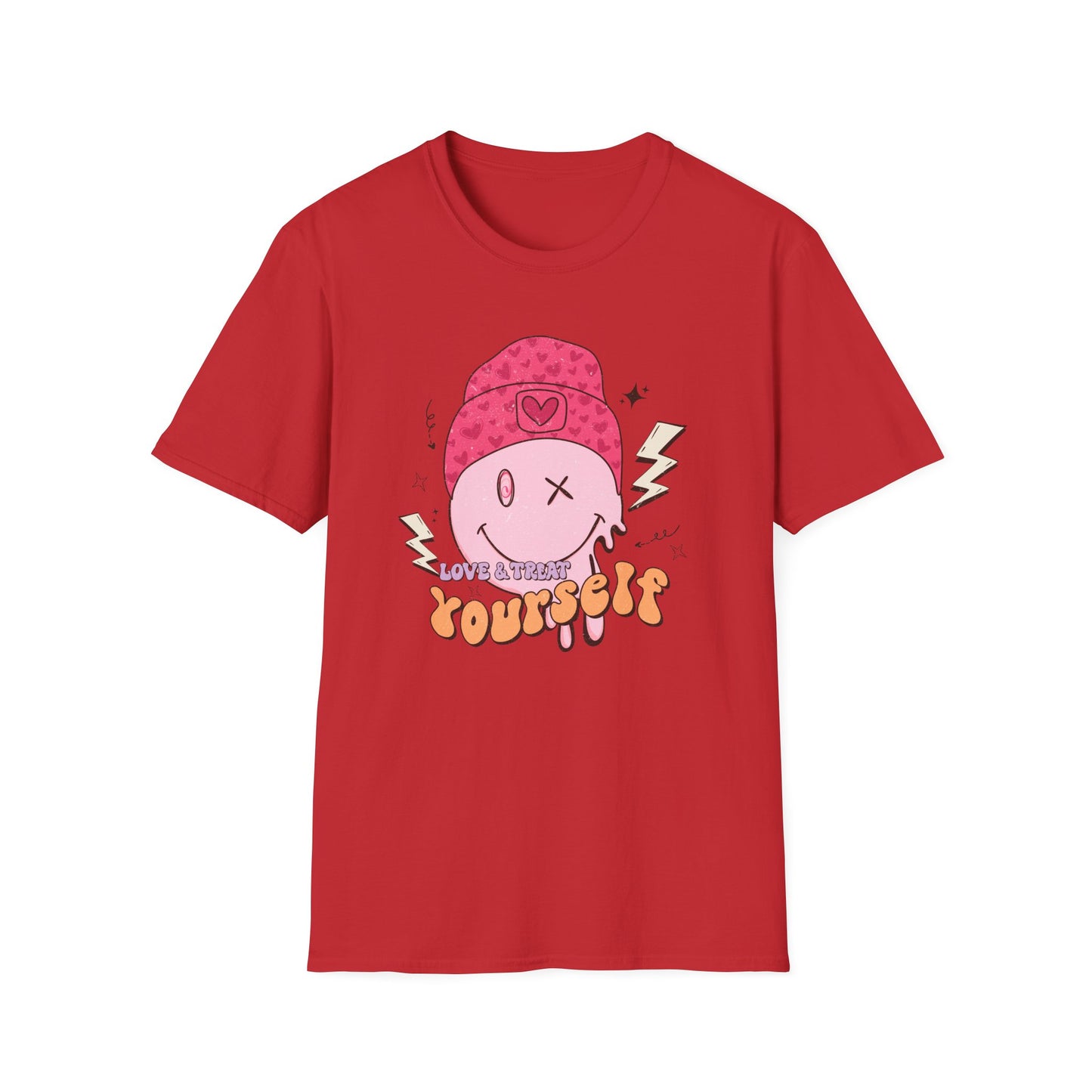 Trendy Groovy Melting Smiley T-Shirt - Empowering 'Love & Treat Yourself' Retro Self-Care Tee for Women