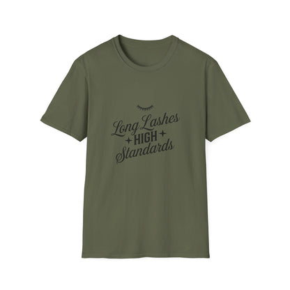 Chic Long Lashes & High Standards T-Shirt | Empowering Beauty Attitude Tee for Confident Women