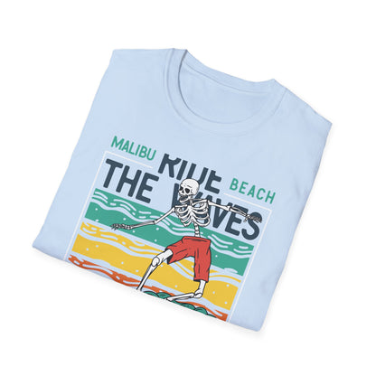 Epic Malibu Skeleton Surfer T-Shirt - Ride The Waves California Beach Retro Tee | Unique Vintage Style Surf Graphic