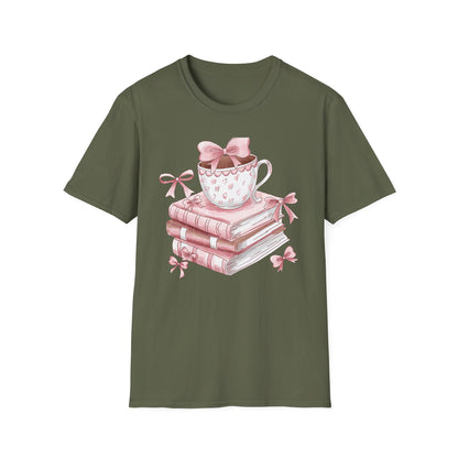 Cozy Pink Books & Teacup T-Shirt | Aesthetic Book Lover Gift | Delightful Reader Style Top