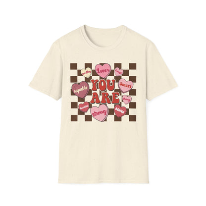 Empowering 'You Are' Positive Affirmation T-Shirt - Retro Candy Heart Self-Love Tee for Women & Teens - Ultimate Confidence Booster Gift