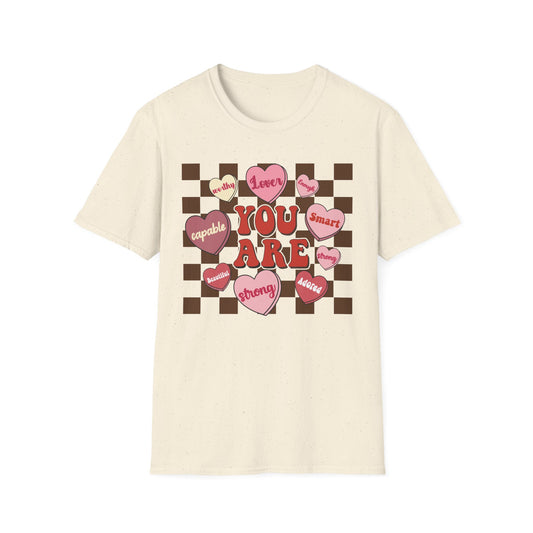 Empowering 'You Are' Positive Affirmation T-Shirt - Retro Candy Heart Self-Love Tee for Women & Teens - Ultimate Confidence Booster Gift