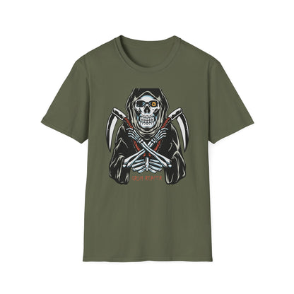 Epic Grim Reaper T-Shirt: Skull & Scythes Design. Bold Gothic Halloween Tee for Men & Women. Unleash Your Inner Darkness!