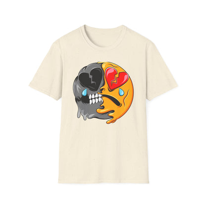 Unique Broken Heart Skull Emoji T-Shirt | Edgy Melted Sad Face Graphic Tee | Expressive Streetwear Statement