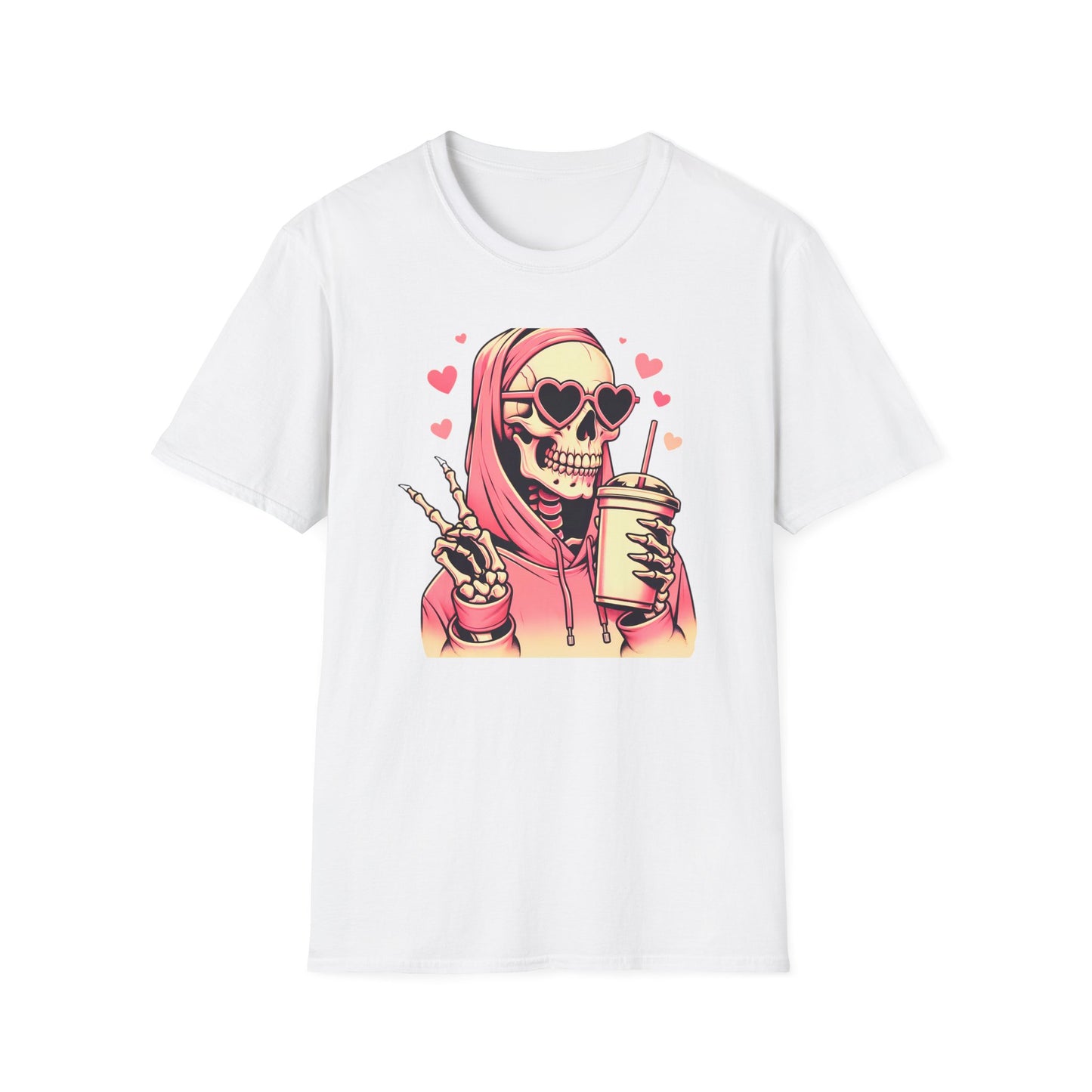 Trendy Pink Skeleton T-Shirt: Chill Vibes, Heart Sunglasses & Peace Sign Tee – Spooky Cute Aesthetic for Women & Teens