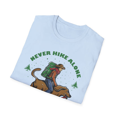 Never Hike Alone T-Shirt | Epic Hiker & Dog Lover Tee for Outdoor Adventures | Companion Goal Shirt Gift
