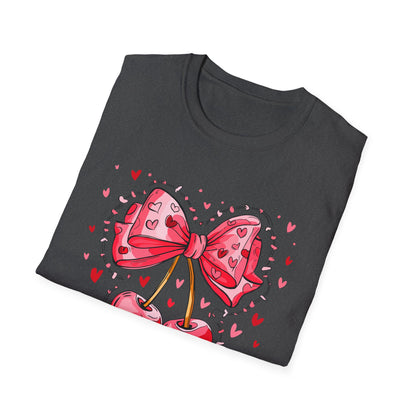 Sweet Cherries & Heart Bow T-Shirt | Adorable Pink Love Design Tee for Women - Perfect Gift