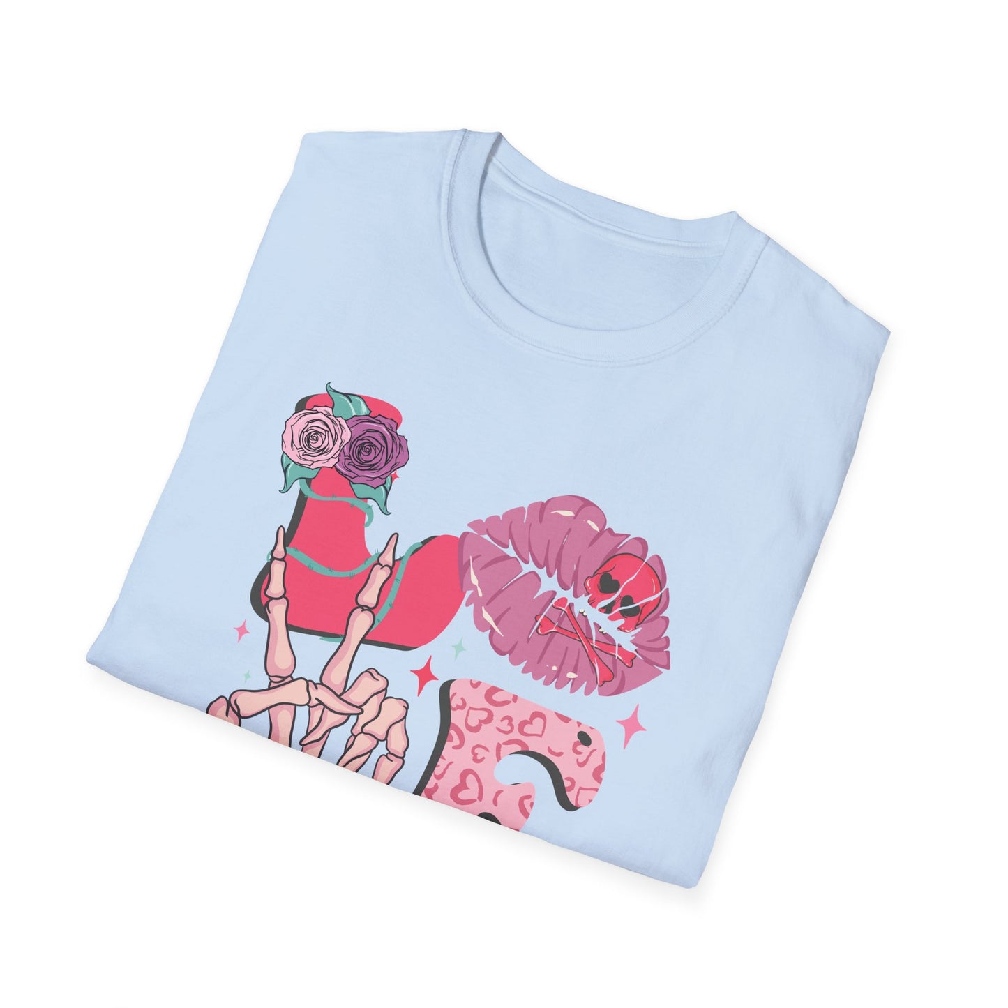 Edgy Pink Grunge T-Shirt: Skull Kiss, Peace Skeleton Hand, Roses & Heart Initial 'E' Design. Trendy Alt Fashion Tee.