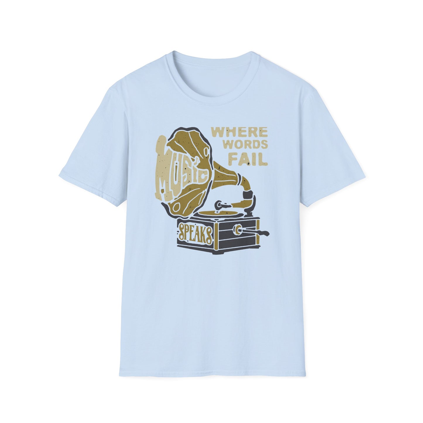 Expressive 'Where Words Fail Music Speaks' T-Shirt - Vintage Gramophone Design for Soulful Music Lovers