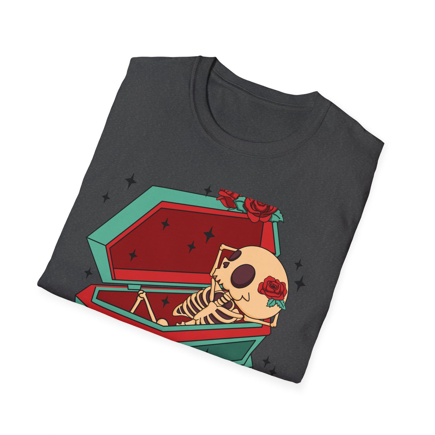 Chill Skeleton in Coffin T-Shirt | Unique Spooky Cute Goth Tee with Red Roses | Ultimate Alternative Style