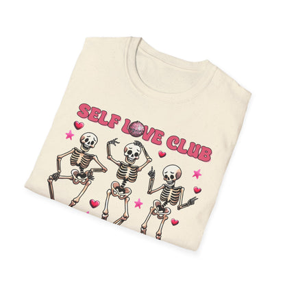 Groovy Self Love Club T-Shirt | Empowering Dancing Skeletons & Disco Ball Design | Trendy & Unique Top