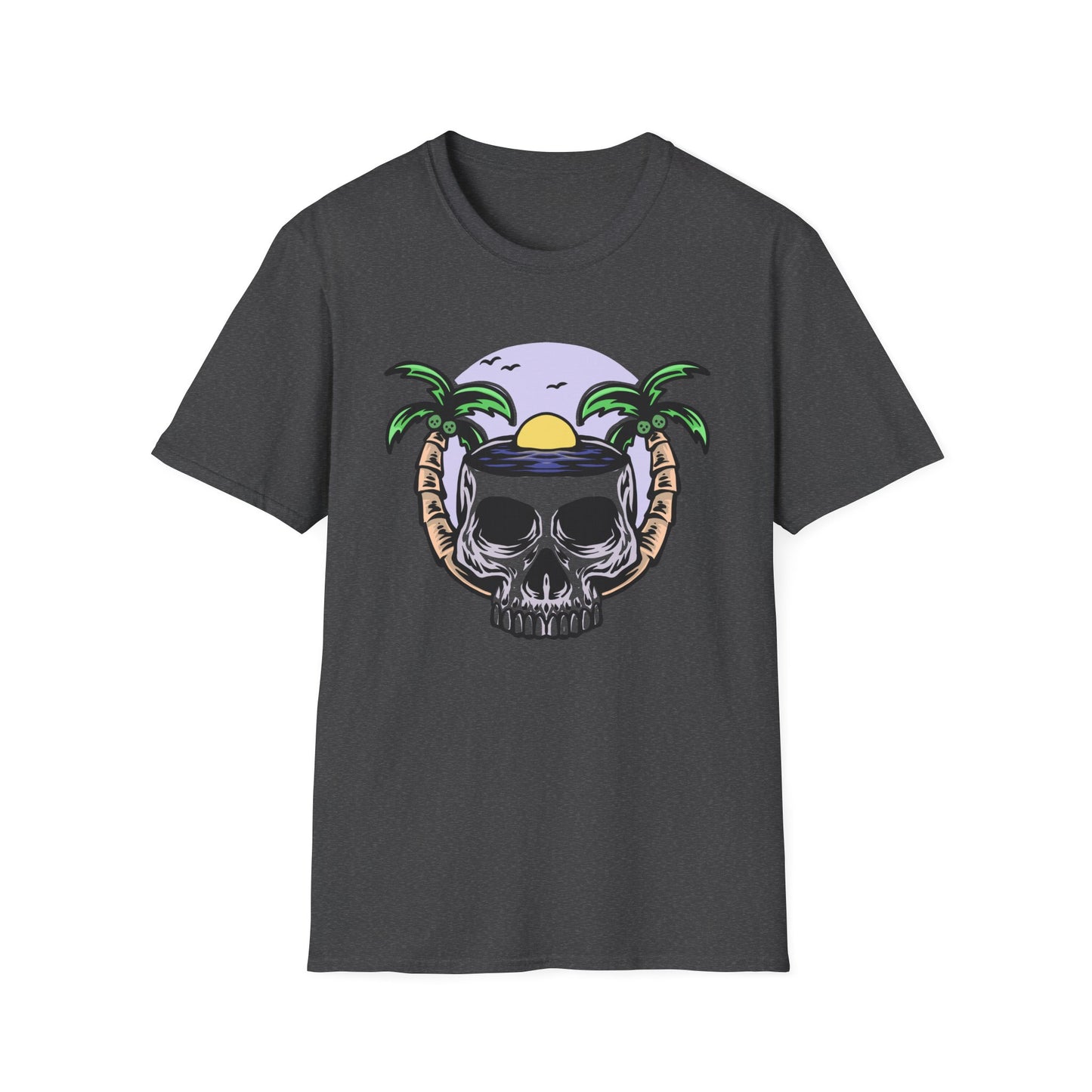 Vibrant Tropical Skull T-Shirt | Beach Sunset & Palm Tree Design | Unique Summer Vacation Tee | Cool Edgy Casual Wear