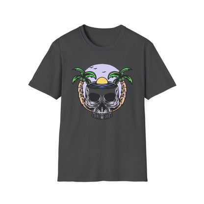 Vibrant Tropical Skull T-Shirt | Beach Sunset & Palm Tree Design | Unique Summer Vacation Tee | Cool Edgy Casual Wear