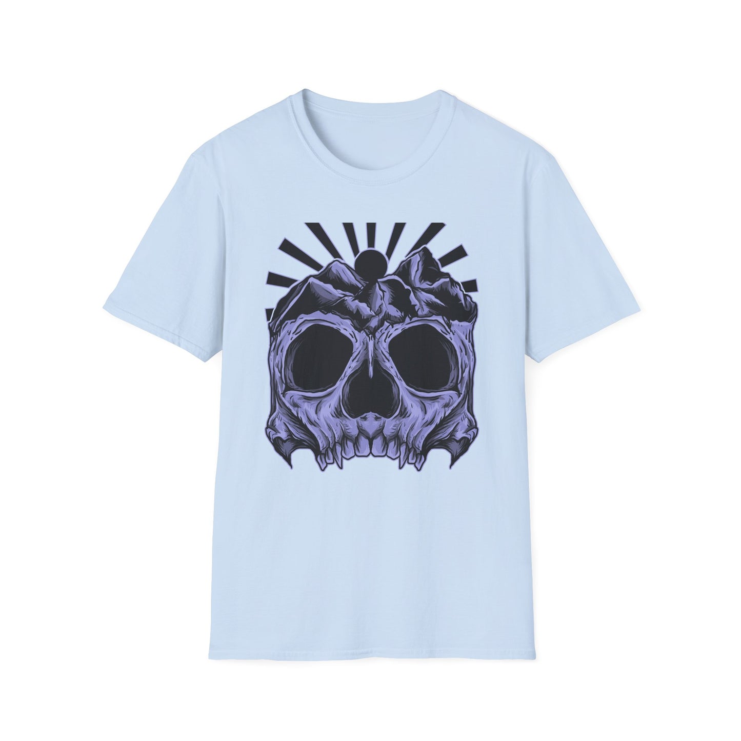 Bold Mountain Skull T-Shirt | Mystic Sun Rays & Nature Art | Unique Grunge Alternative Tee | Edgy Outdoor Apparel for Men & Women