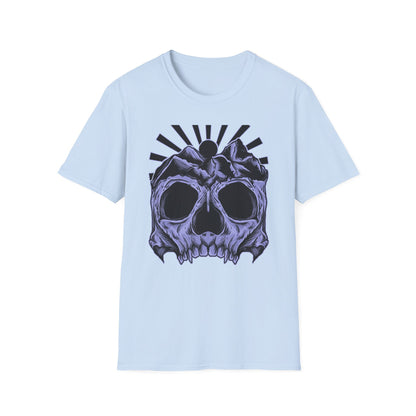 Bold Mountain Skull T-Shirt | Mystic Sun Rays & Nature Art | Unique Grunge Alternative Tee | Edgy Outdoor Apparel for Men & Women