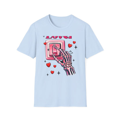 Unique Lover T-Shirt | Edgy Skeleton Hand & Love Switch Graphic Tee | Romantic Valentine's Day Statement Gift