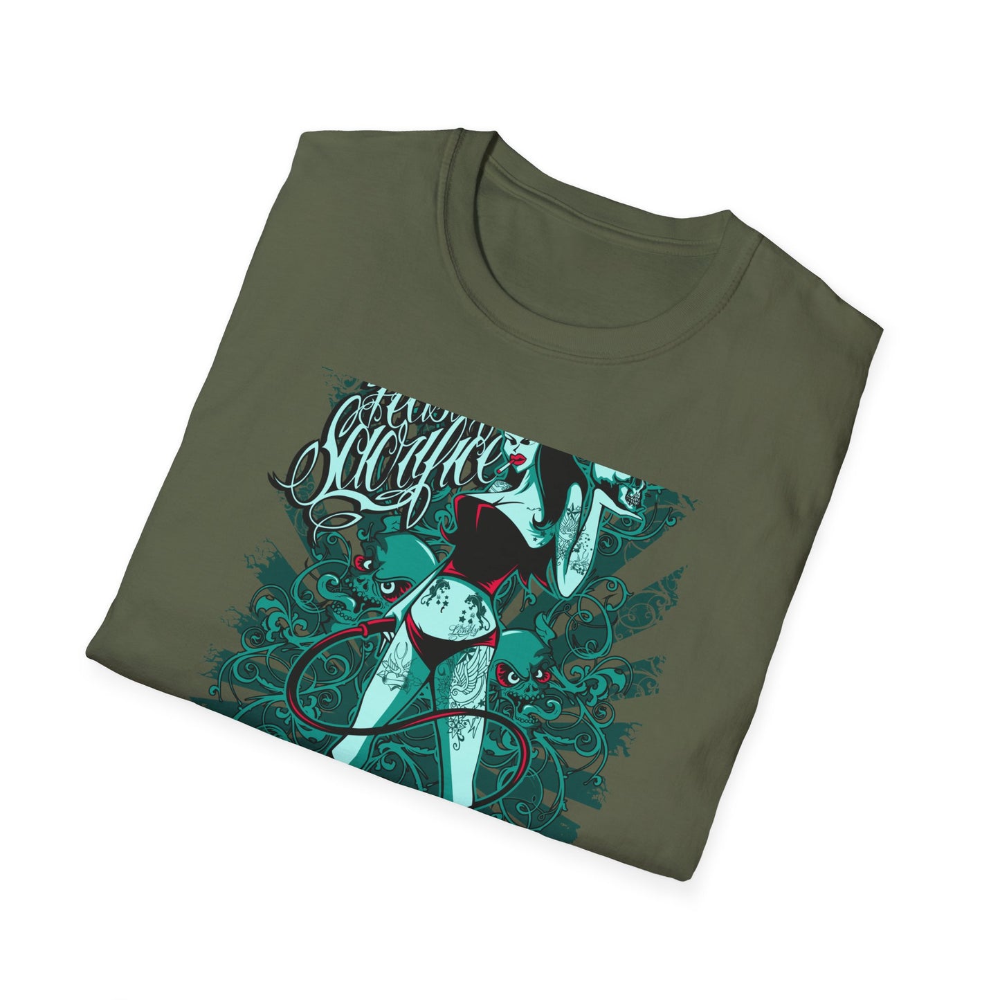 Bold 'Feast of Sacrifice' T-Shirt - Edgy Pin-Up Girl, Flaming Skulls & Tattoo Art for Goth & Alternative Style