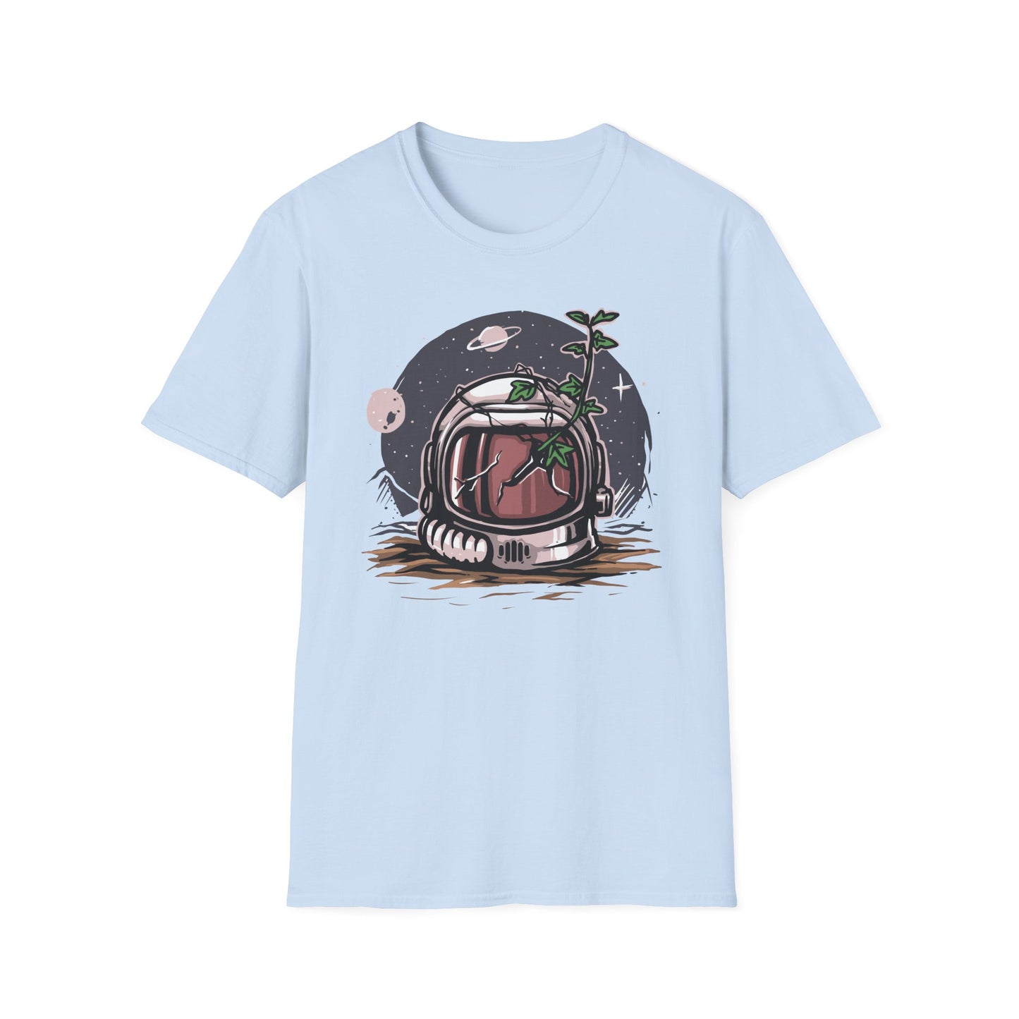 Stunning Cosmic Bloom Astronaut Helmet T-Shirt | Unique Space Plant Growth & Nature Inspired Sci-Fi Art Tee