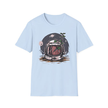 Stunning Cosmic Bloom Astronaut Helmet T-Shirt | Unique Space Plant Growth & Nature Inspired Sci-Fi Art Tee