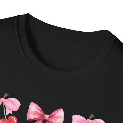 Delightful Pink Bow & Heart Cherry T-Shirt - Adorable Lovecore Aesthetic Tee for Her | Sweet Valentine's Gift