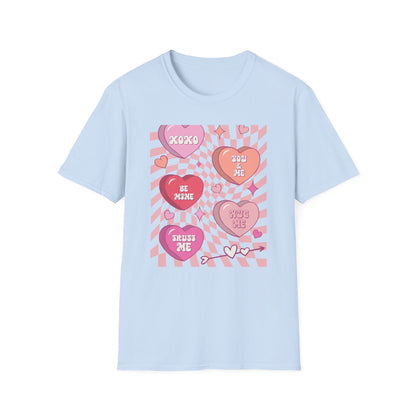 Groovy Conversation Hearts T-Shirt | Y2K Aesthetic Wavy Checkerboard Valentine's Day Tee | Adorable Retro Love Gift