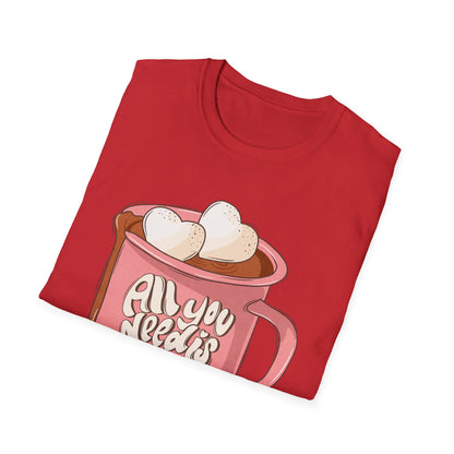 Sweet "All You Need Is Love" T-Shirt | Retro Hot Chocolate Mug with Heart Marshmallows | Adorable Valentine's Day & Cozy Love Tee